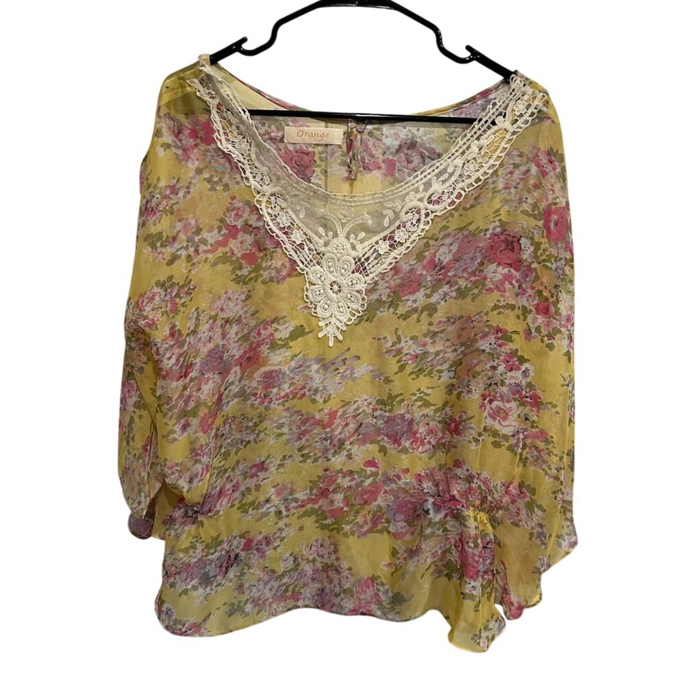 Orange Floral Chiffon Sheer Blouse Lace Trim Lightweight Top Size OS Bohemian